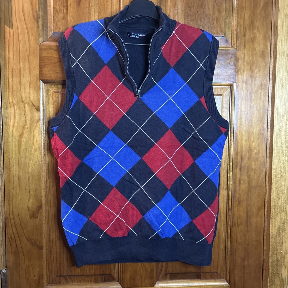 Chaps Golf 78 Mens Argyle Pattern Medium 1/4 Zip Pullover Cotton Vest Navy